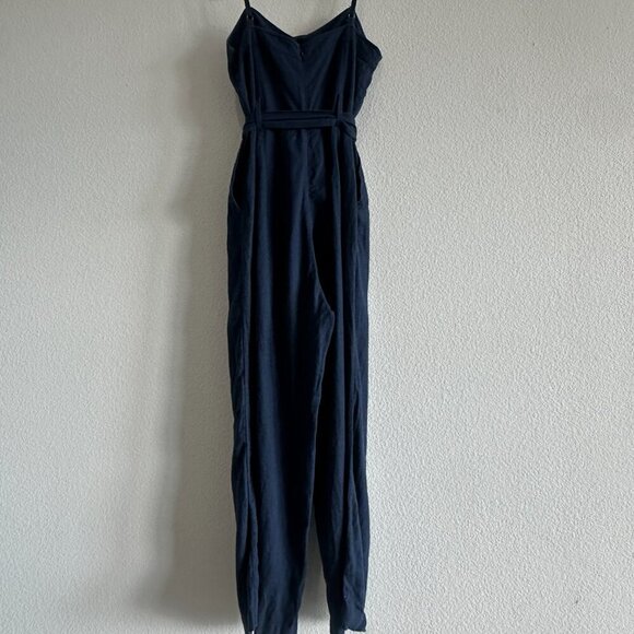 Rails Harper Navy Blue Linen Blend Spaghetti Strap Belted Wide Leg Jumpsuit - Picture 3 of 9